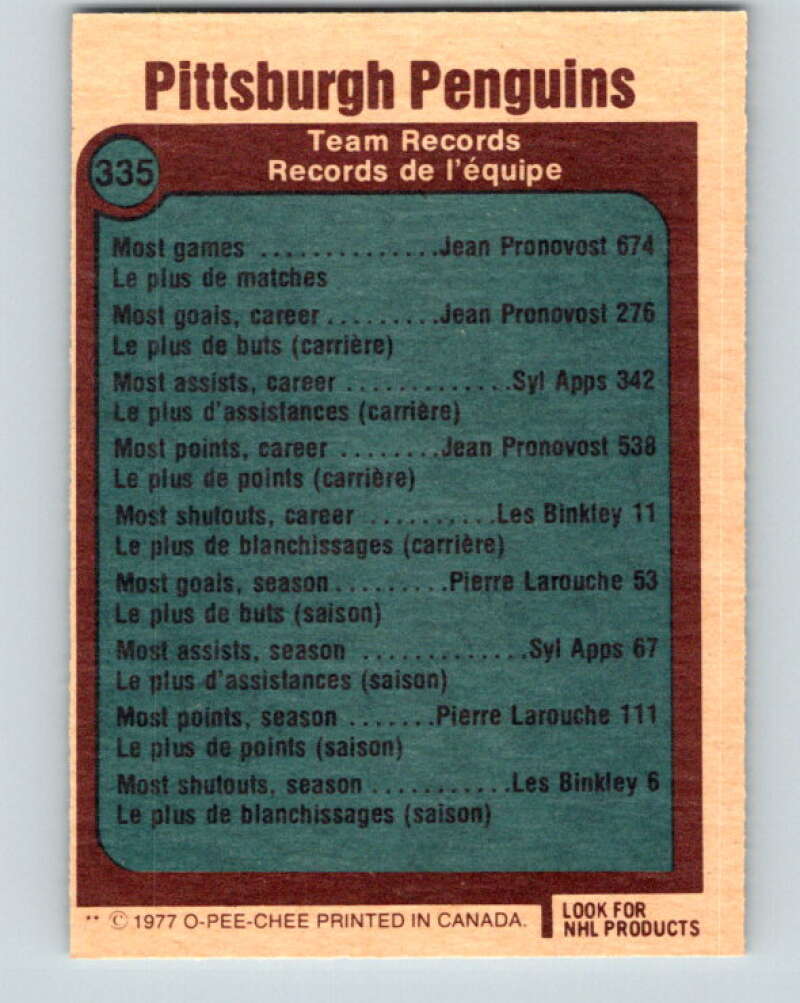 1977-78 O-Pee-Chee #335 Pittsburgh Penguins Records  Pittsburgh Penguins  V15370