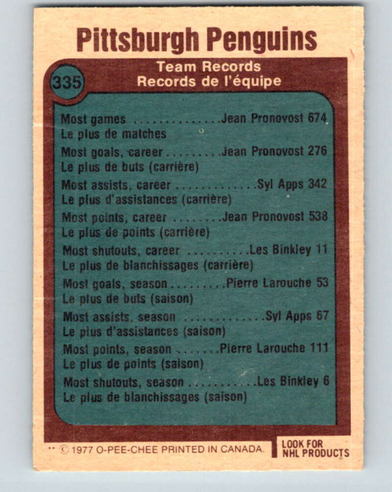 1977-78 O-Pee-Chee #335 Pittsburgh Penguins Records  Pittsburgh Penguins  V15372