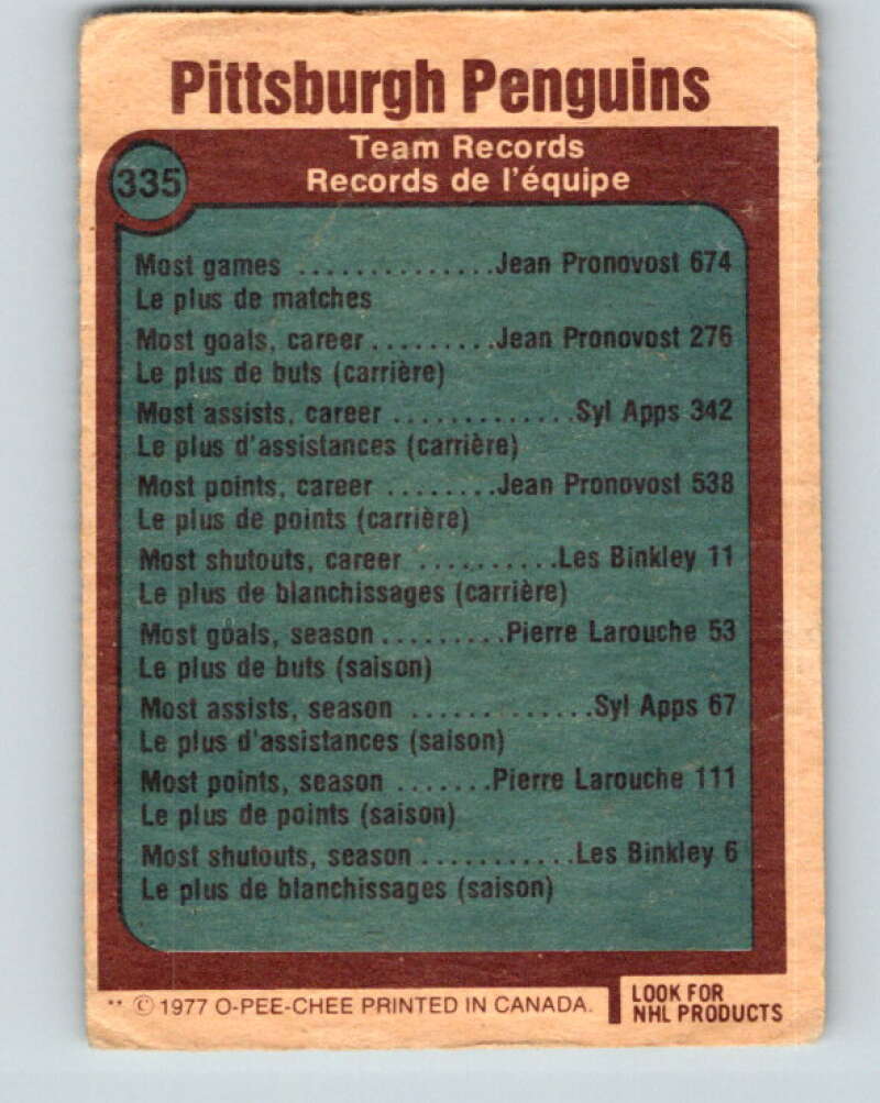 1977-78 O-Pee-Chee #335 Pittsburgh Penguins Records  Pittsburgh Penguins  V15374