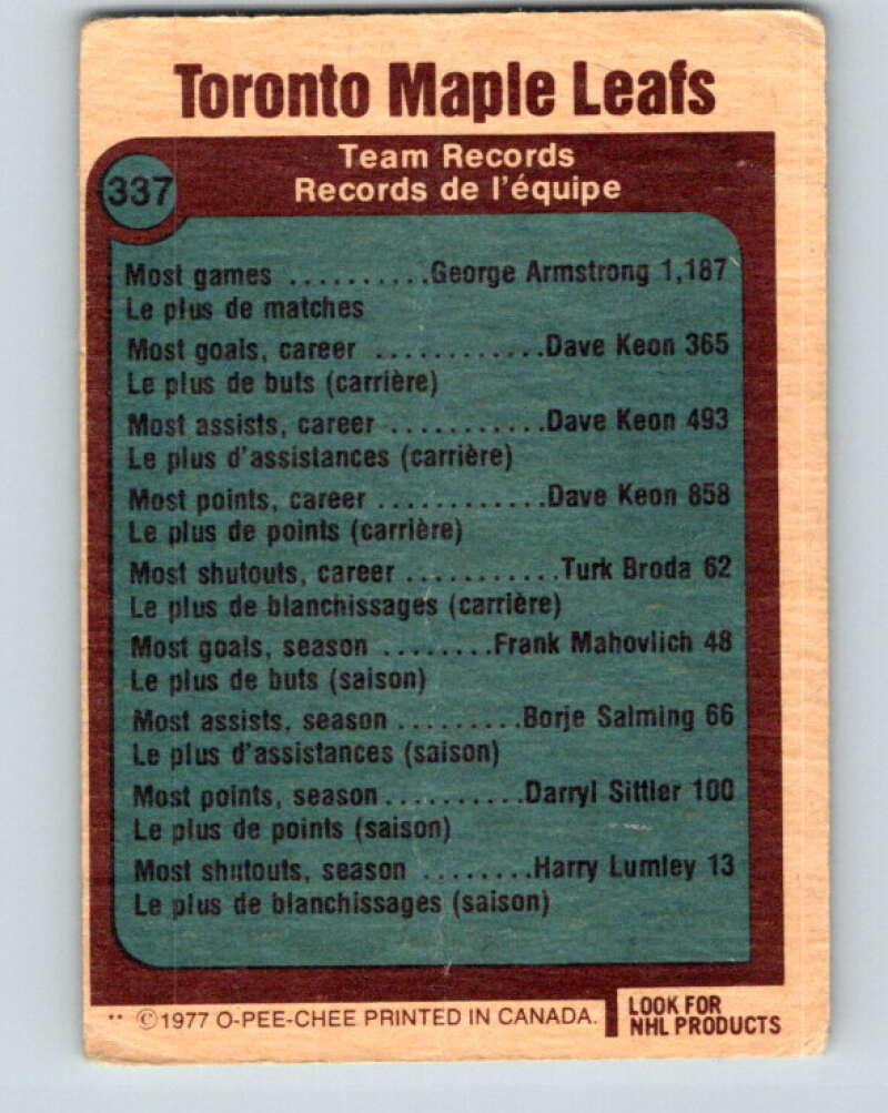1977-78 O-Pee-Chee #337 Toronto Maple Leafs Records  Toronto Maple Leafs  V15387