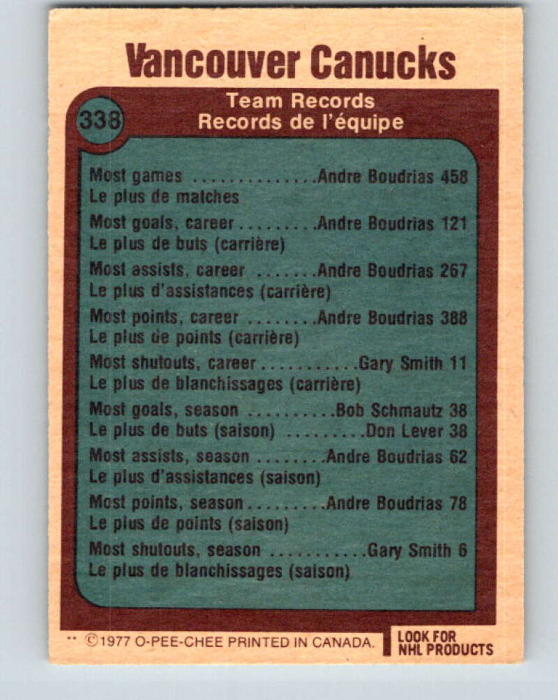 1977-78 O-Pee-Chee #338 Vancouver Canucks Records  Vancouver Canucks  V15389