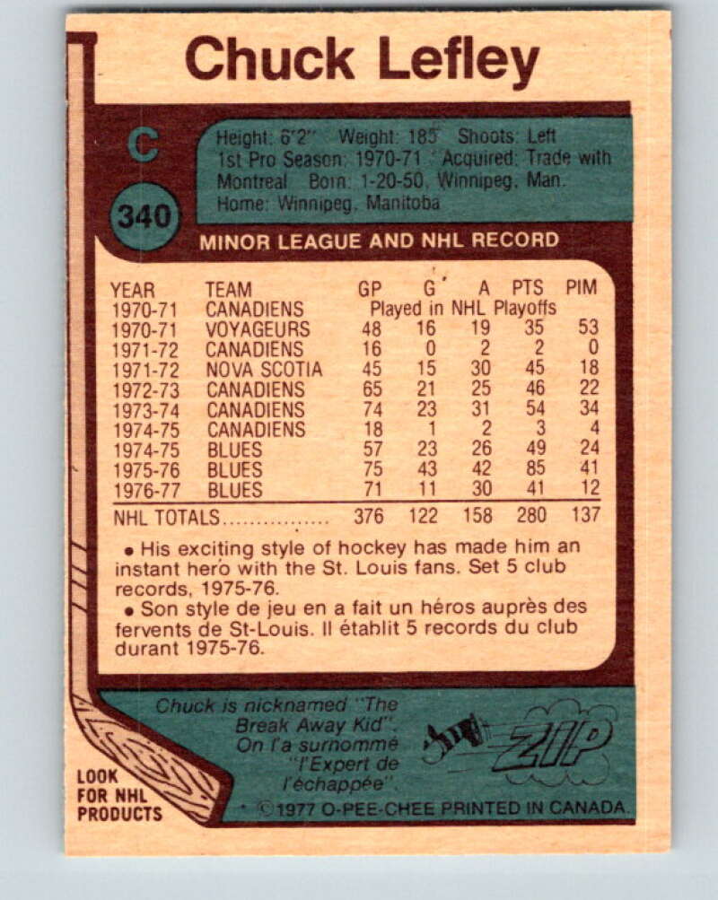 1977-78 O-Pee-Chee #340 Chuck Lefley  St. Louis Blues  V15402