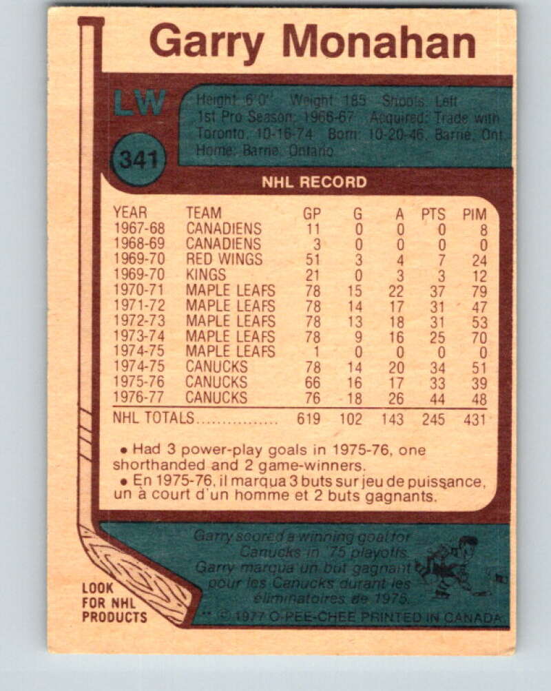 1977-78 O-Pee-Chee #341 Garry Monahan  Vancouver Canucks  V15413