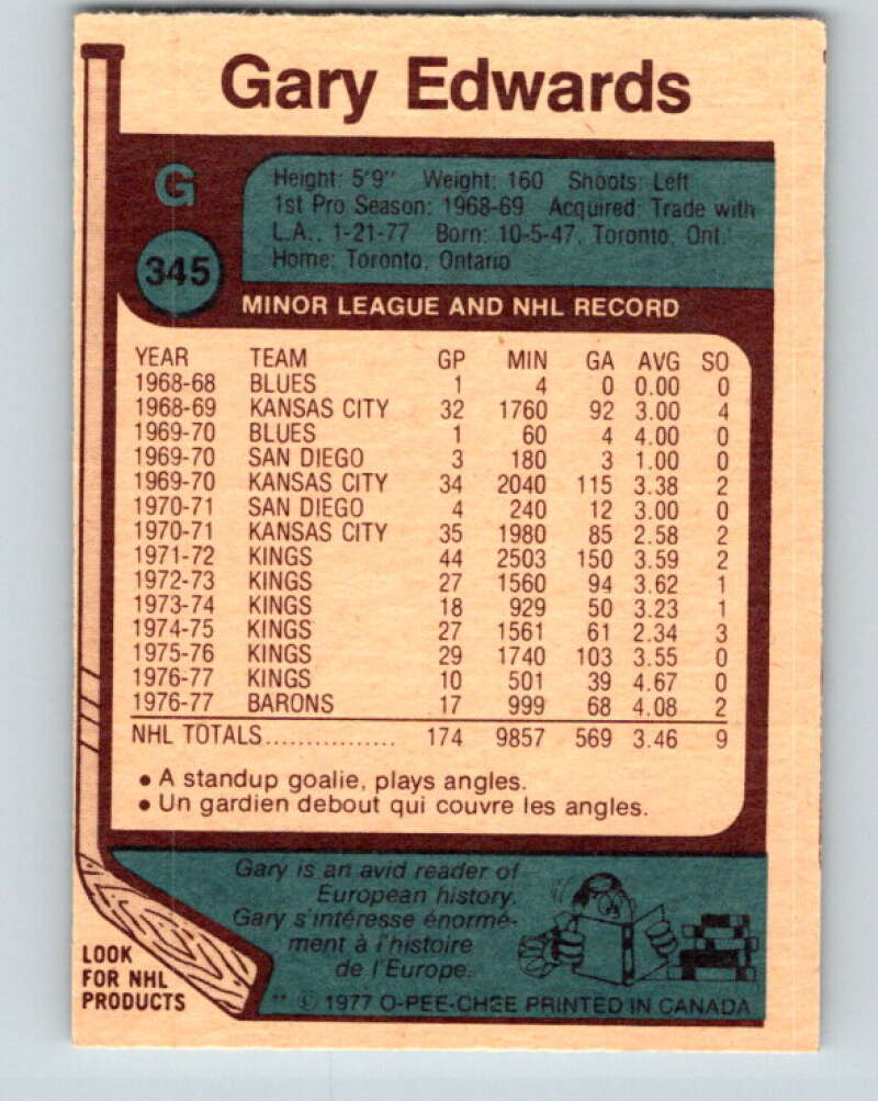 1977-78 O-Pee-Chee #345 Gary Edwards  Cleveland Barons  V15431