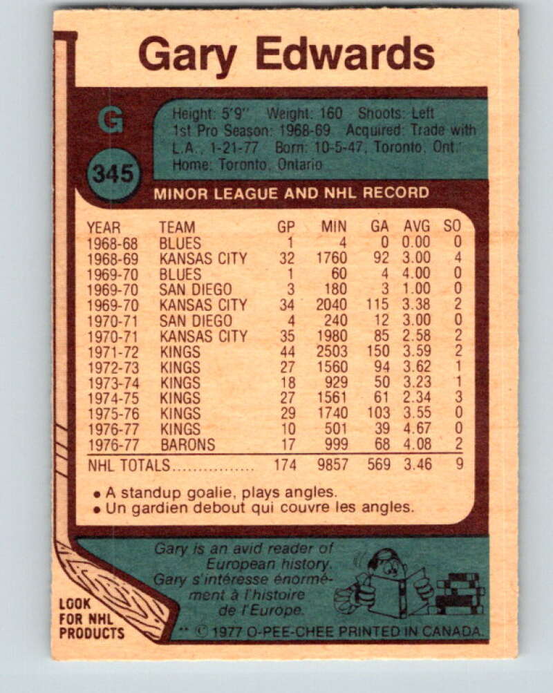1977-78 O-Pee-Chee #345 Gary Edwards  Cleveland Barons  V15433