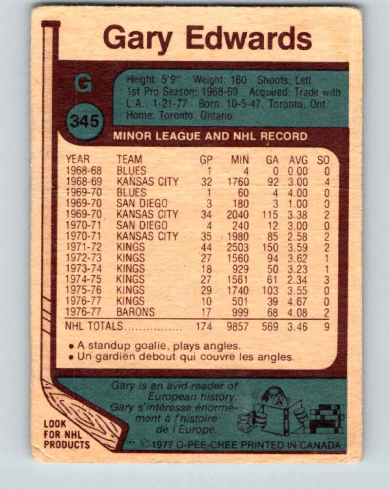 1977-78 O-Pee-Chee #345 Gary Edwards  Cleveland Barons  V15438
