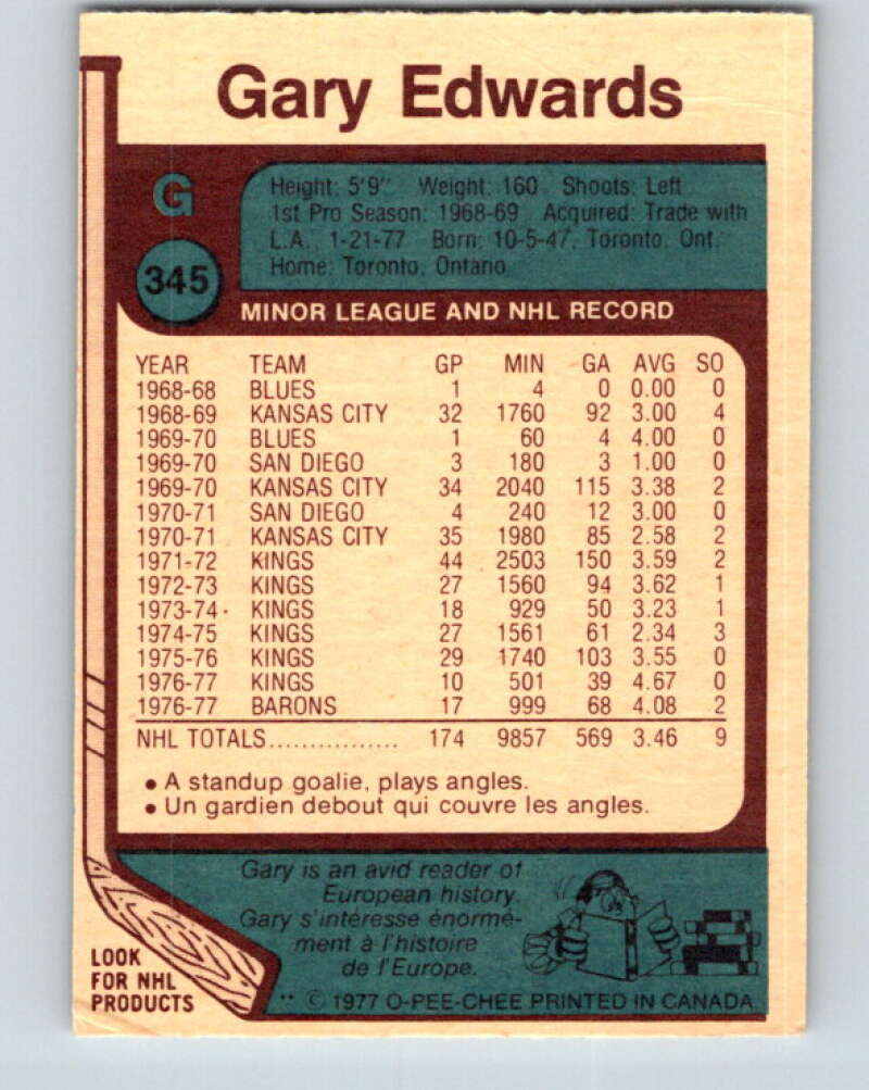 1977-78 O-Pee-Chee #345 Gary Edwards  Cleveland Barons  V15440
