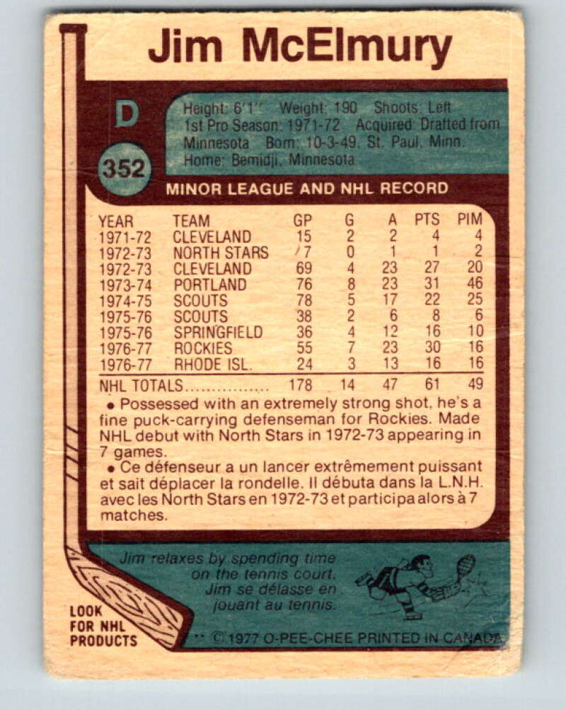 1977-78 O-Pee-Chee #352 Jim McElmury  Colorado Rockies  V15494