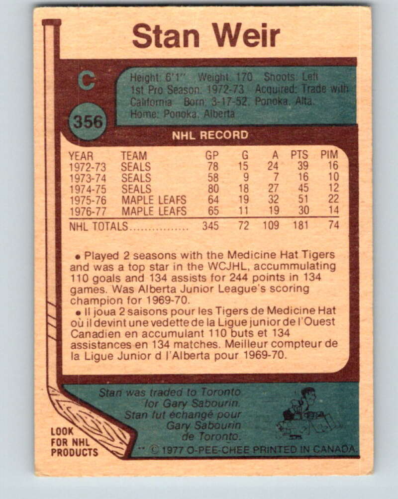 1977-78 O-Pee-Chee #356 Stan Weir  Toronto Maple Leafs  V15531