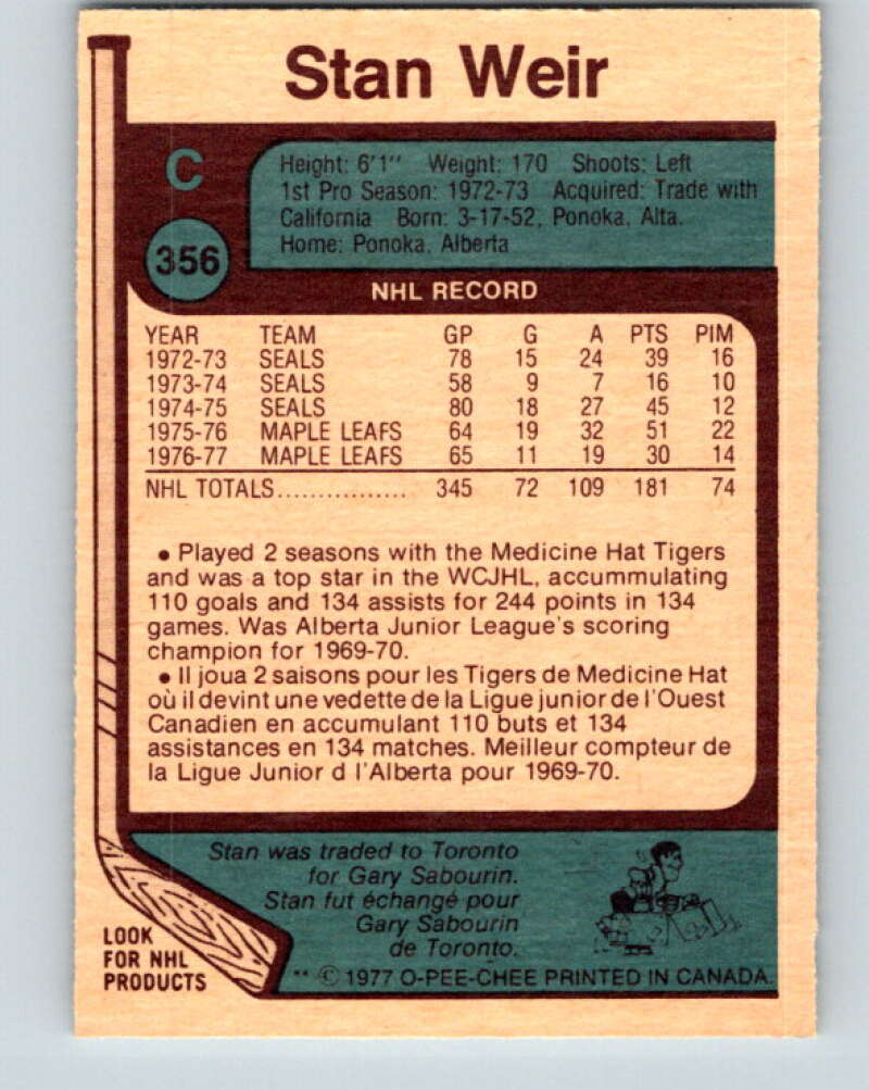 1977-78 O-Pee-Chee #356 Stan Weir  Toronto Maple Leafs  V15532