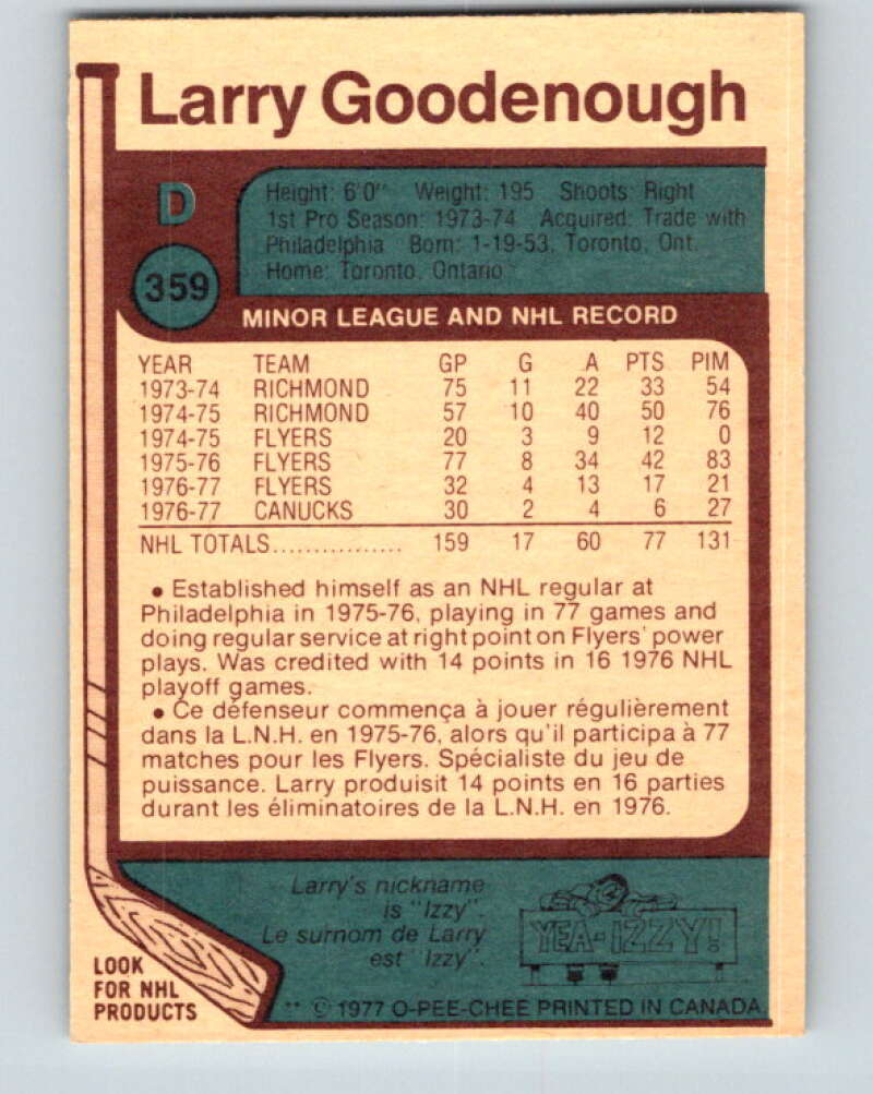 1977-78 O-Pee-Chee #359 Larry Goodenough  Vancouver Canucks  V15548