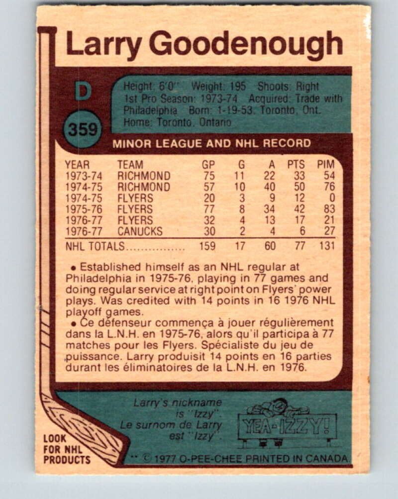 1977-78 O-Pee-Chee #359 Larry Goodenough  Vancouver Canucks  V15553