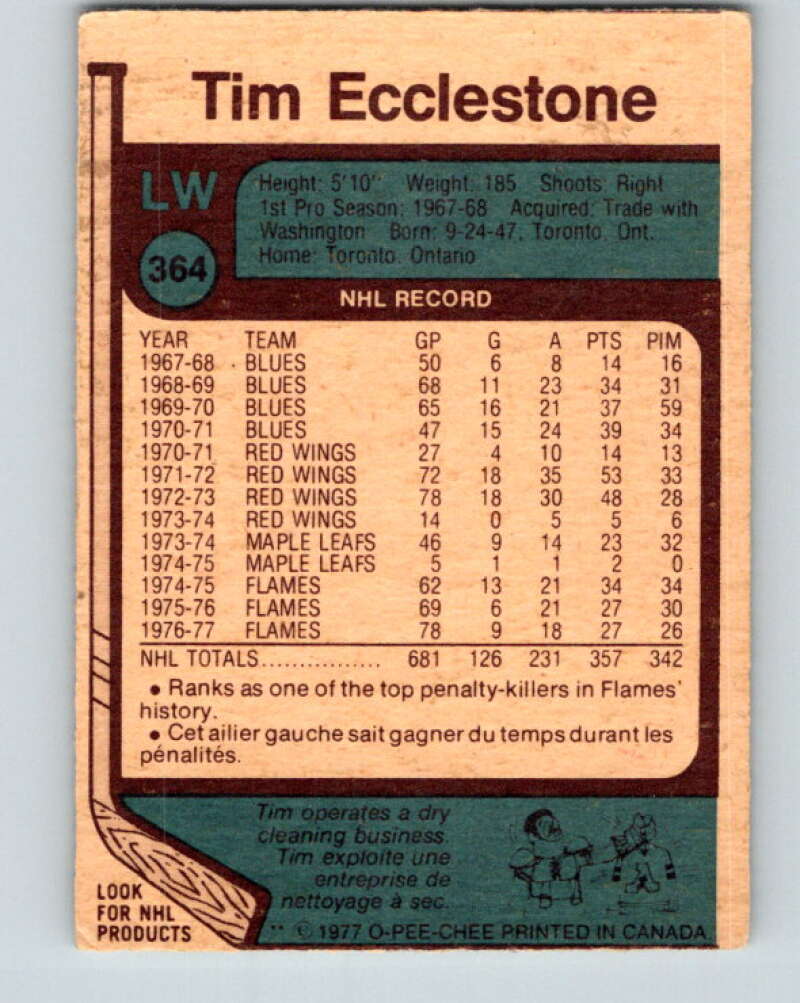 1977-78 O-Pee-Chee #364 Tim Ecclestone  Atlanta Flames  V15600