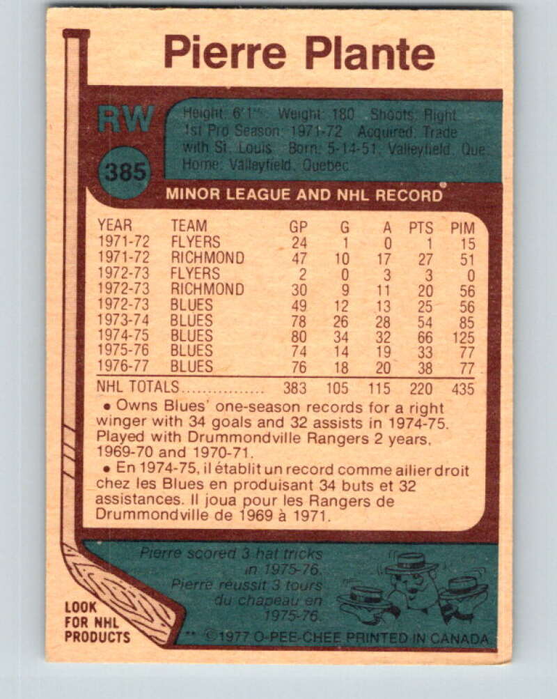1977-78 O-Pee-Chee #385 Pierre Plante  Chicago Blackhawks  V15740
