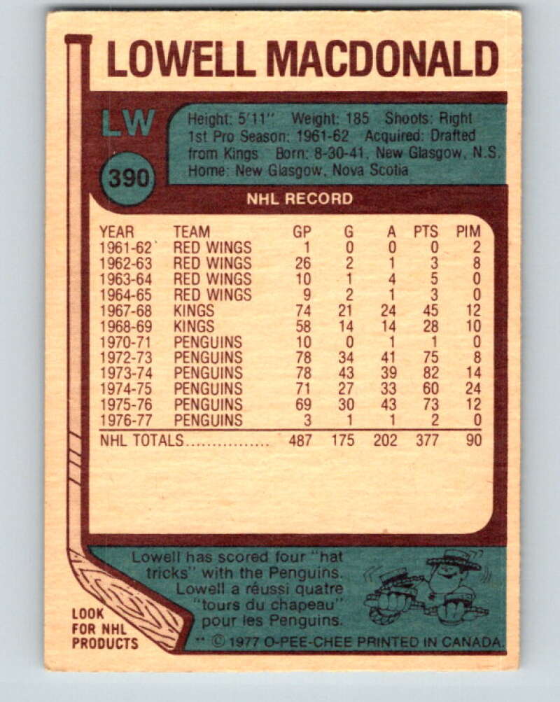 1977-78 O-Pee-Chee #390 Lowell MacDonald  Pittsburgh Penguins  V15780