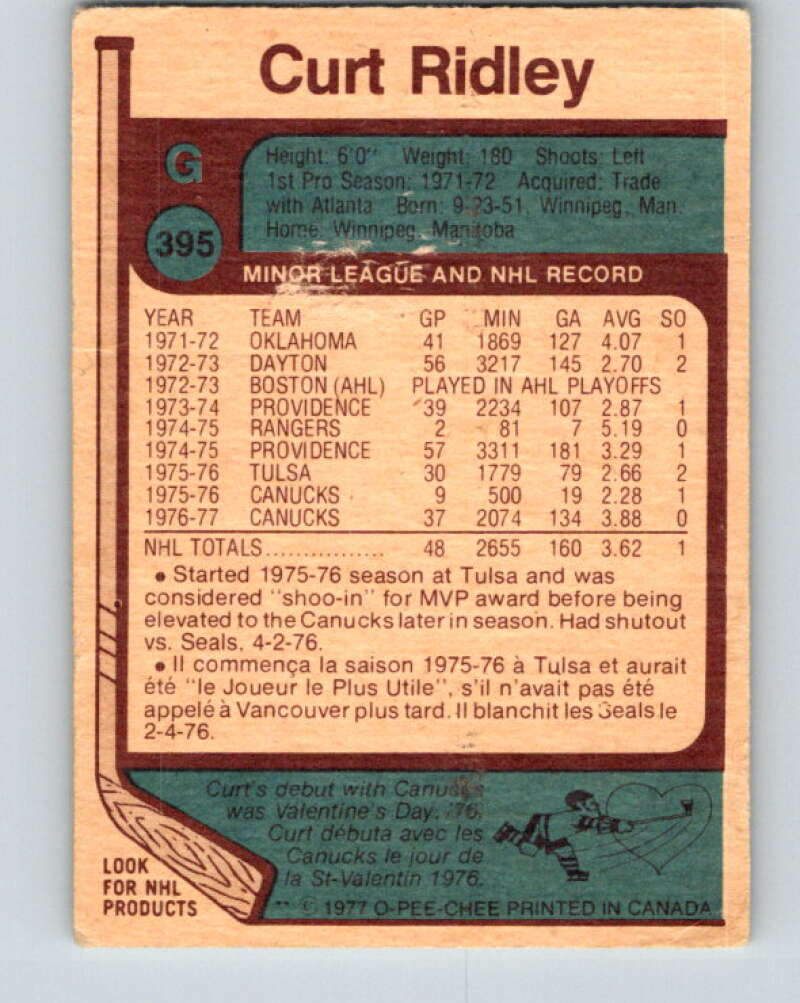 1977-78 O-Pee-Chee #395 Curt Ridley  Vancouver Canucks  V15836