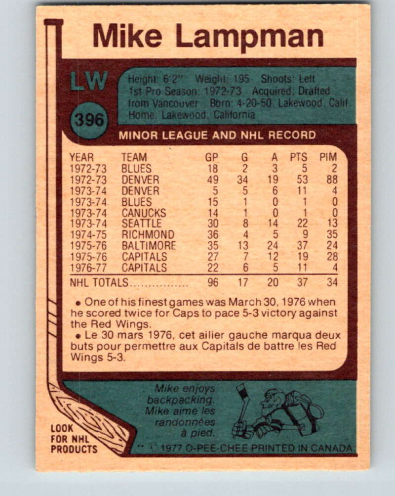 1977-78 O-Pee-Chee #396 Mike Lampman  Washington Capitals  V15841