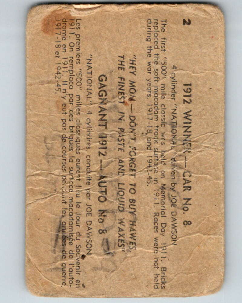 1960 Hawes Wax Indy #2 Joe Dawson  V16460