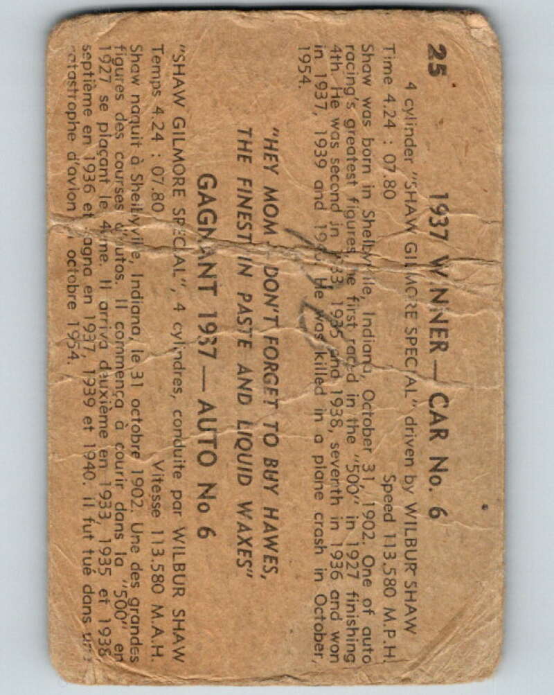 1960 Hawes Wax Indy #25 Wilbur Shaw  V16462