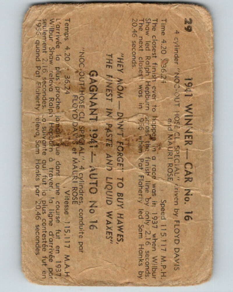 1960 Hawes Wax Indy #29 Floyed Davis/Mauri Rose  V16464