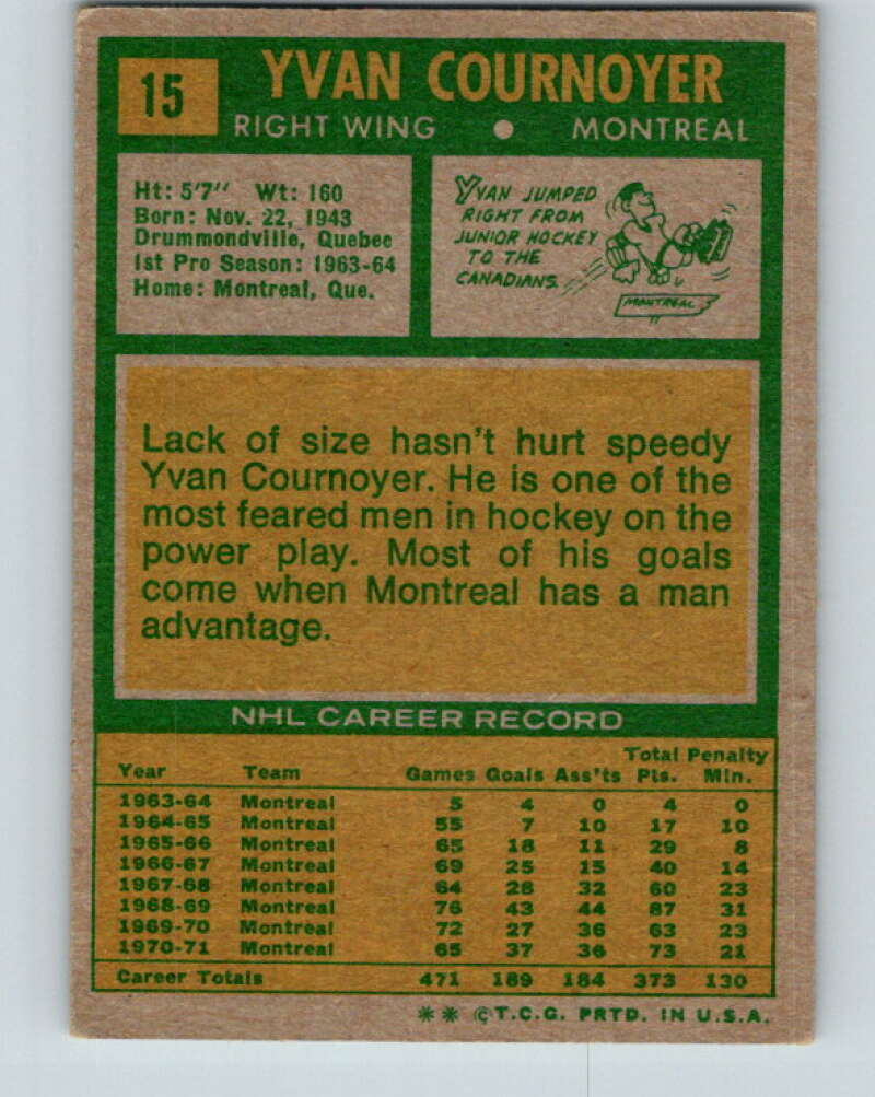 1971-72 Topps #15 Yvan Cournoyer  Montreal Canadiens  V16488