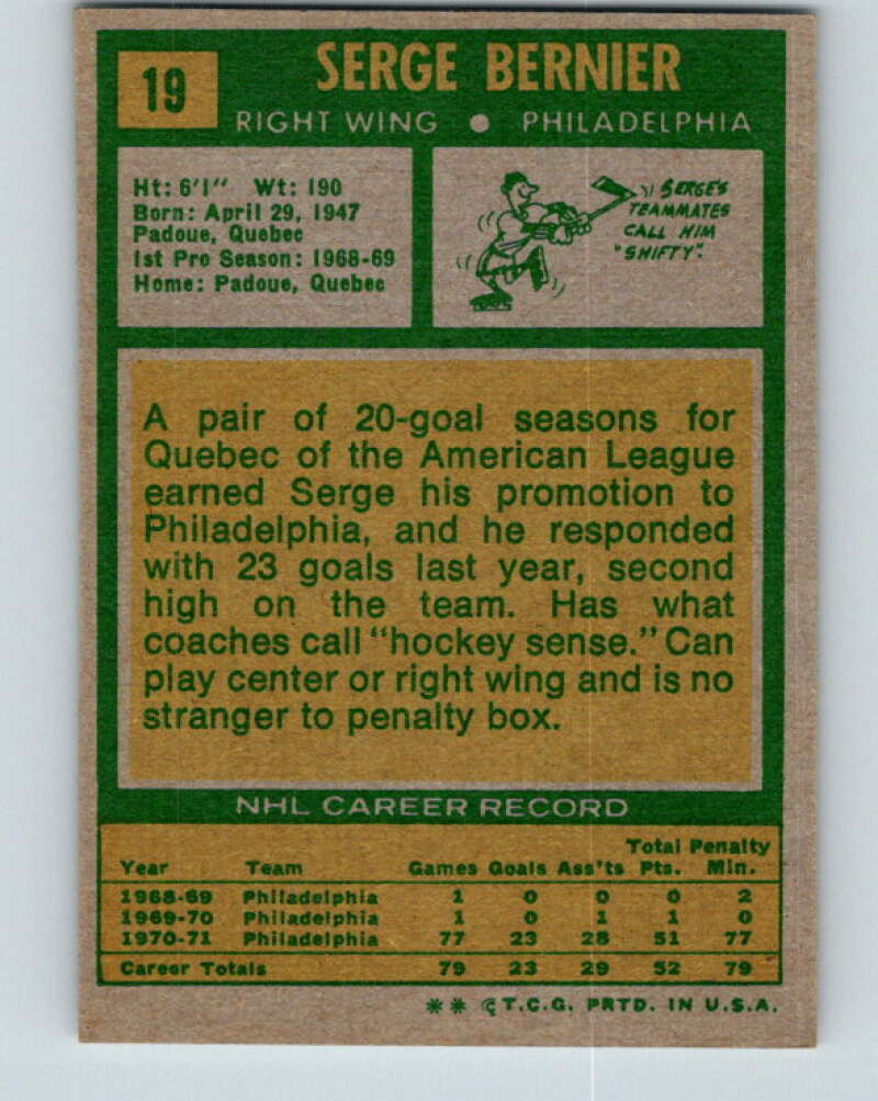 1971-72 Topps #19 Serge Bernier  RC Rookie Philadelphia Flyers  V16491