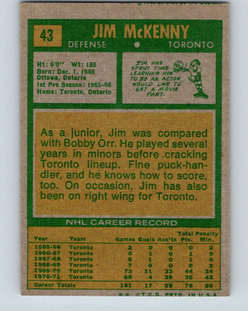 1971-72 Topps #43 Jim McKenny  RC Rookie Toronto Maple Leafs  V16504