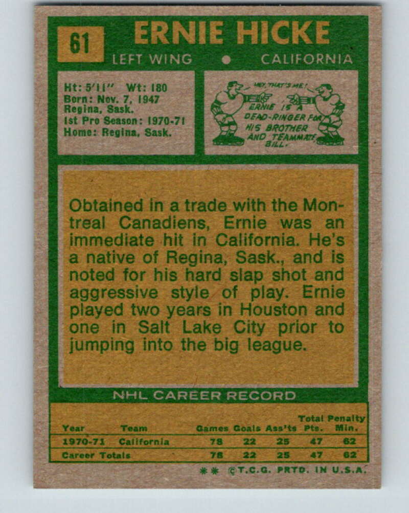 1971-72 Topps #61 Ernie Hicke  RC Rookie California Golden Seals  V16512