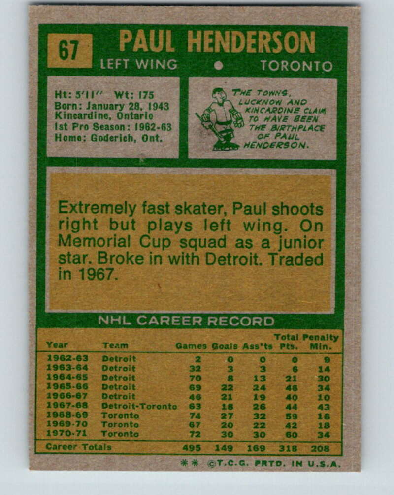 1971-72 Topps #67 Paul Henderson  Toronto Maple Leafs  V16517