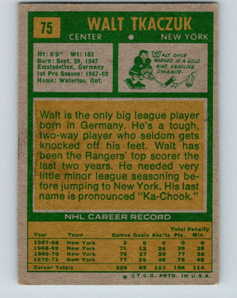 1971-72 Topps #75 Walt Tkaczuk  New York Rangers  V16520