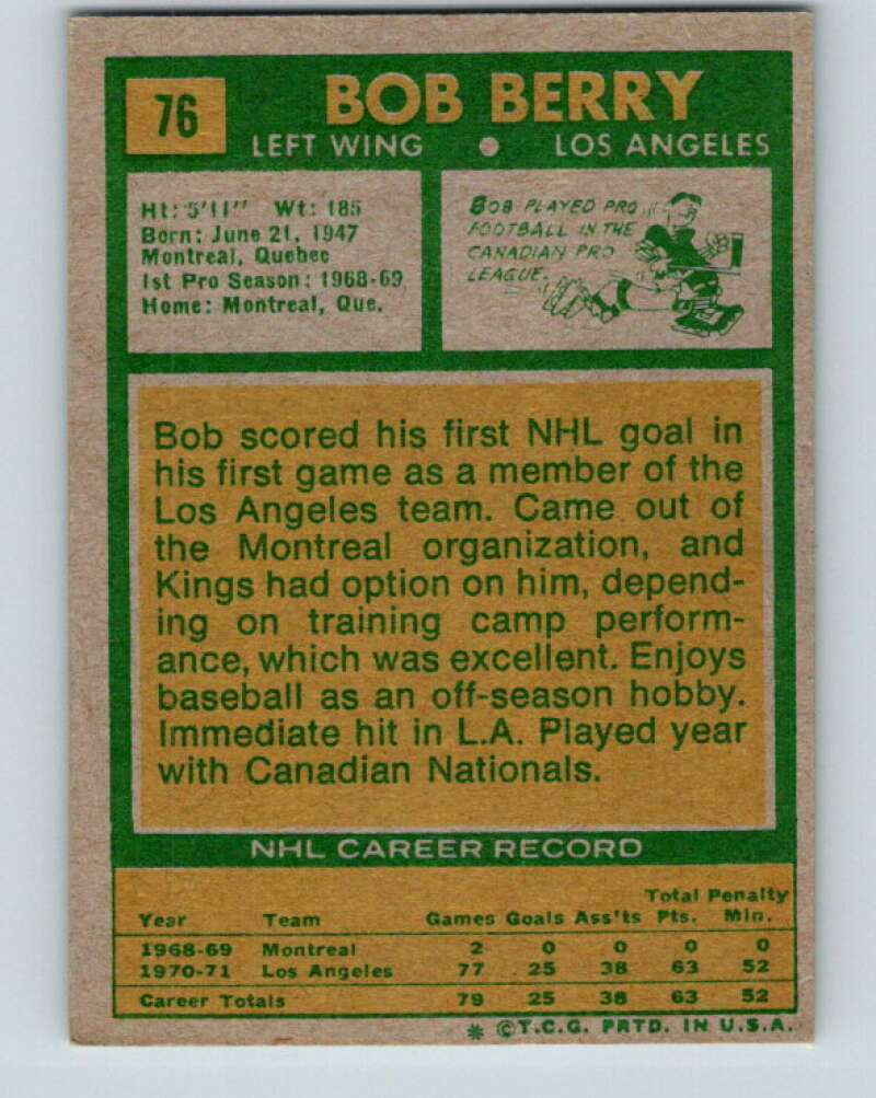 1971-72 Topps #76 Bob Berry  RC Rookie Los Angeles Kings  V16521