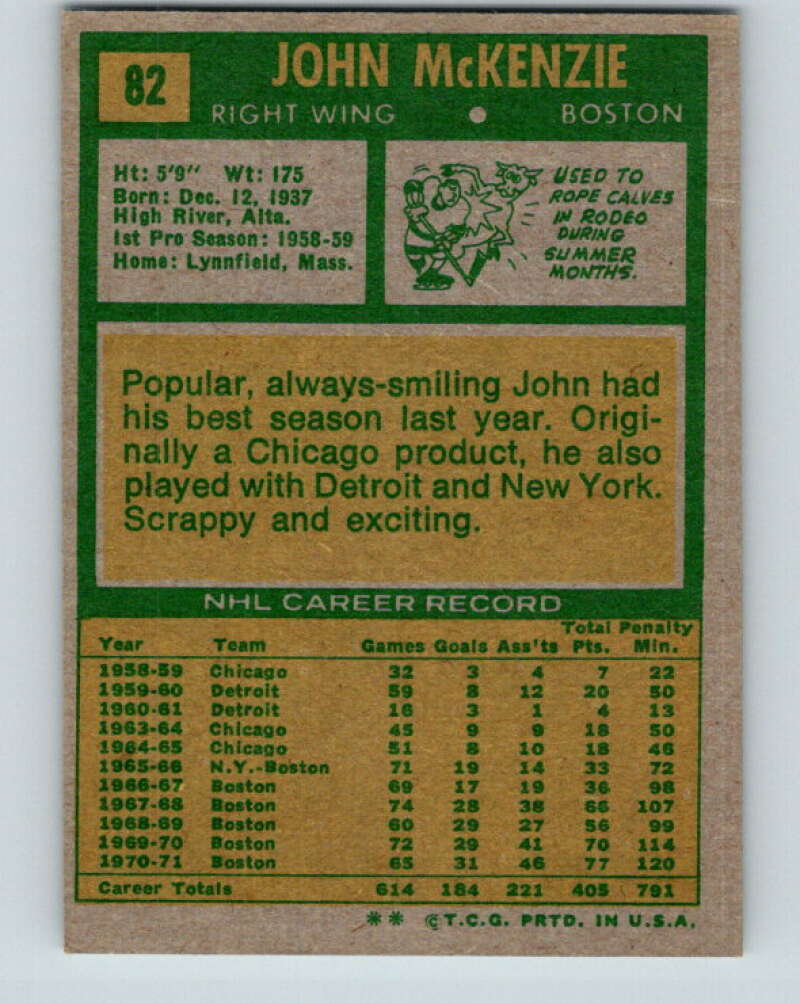 1971-72 Topps #82 John McKenzie  Boston Bruins  V16524