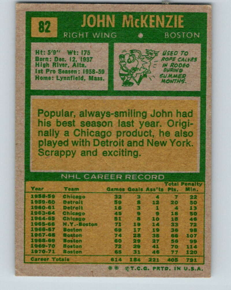 1971-72 Topps #82 John McKenzie  Boston Bruins  V16525