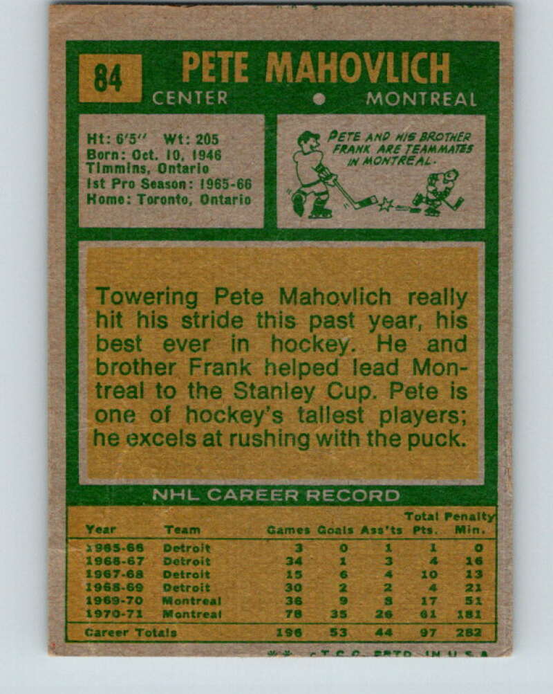 1971-72 Topps #84 Pete Mahovlich  Montreal Canadiens  V16527