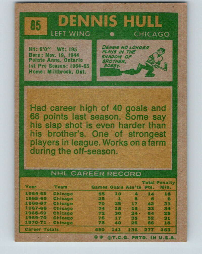 1971-72 Topps #85 Dennis Hull  Chicago Blackhawks  V16529
