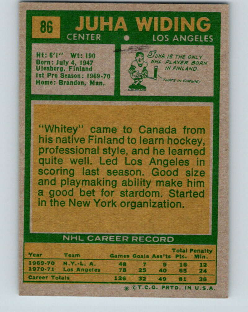1971-72 Topps #86 Juha Widing  RC Rookie Los Angeles Kings  V16530