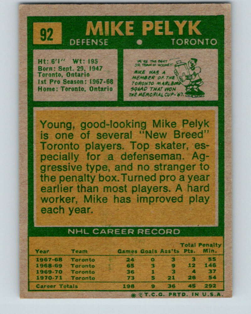 1971-72 Topps #92 Mike Pelyk  Toronto Maple Leafs  V16531