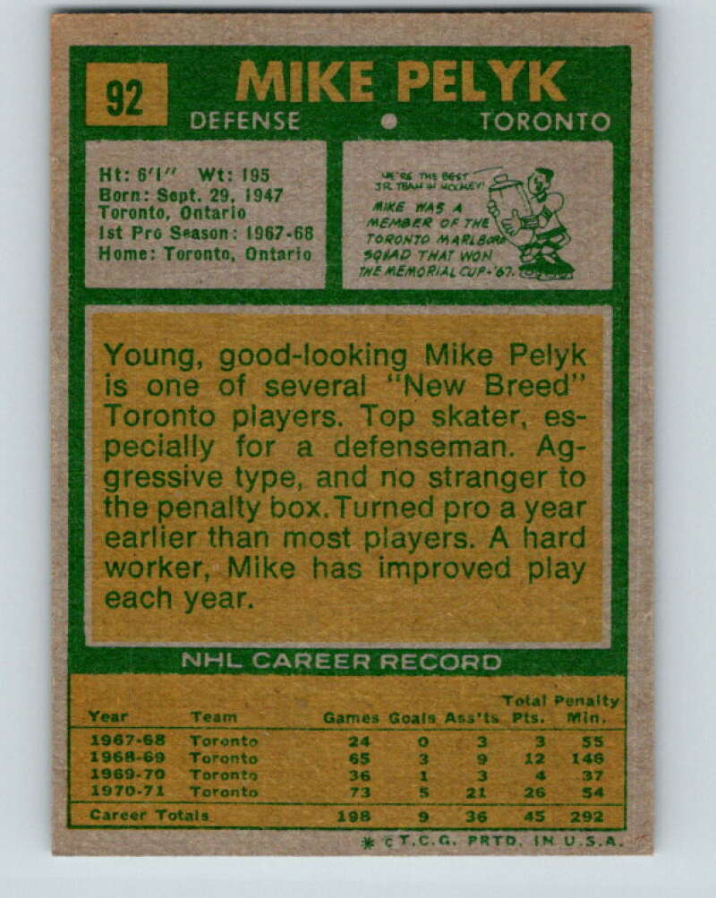 1971-72 Topps #92 Mike Pelyk  Toronto Maple Leafs  V16532