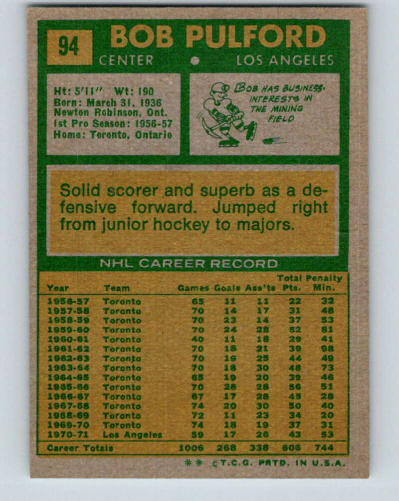 1971-72 Topps #94 Bob Pulford  Los Angeles Kings  V16534