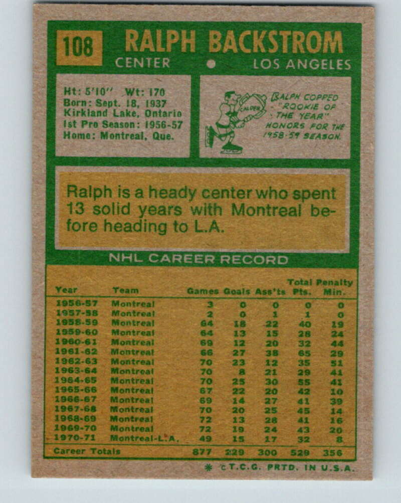 1971-72 Topps #108 Ralph Backstrom  Los Angeles Kings  V16537