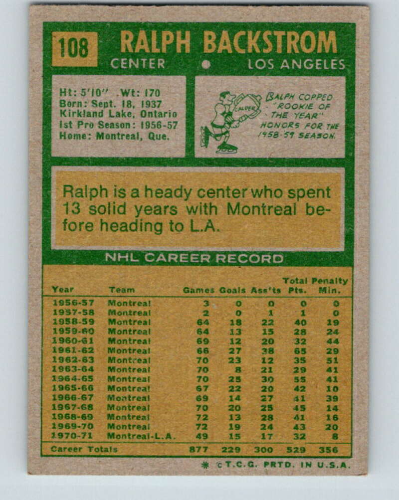 1971-72 Topps #108 Ralph Backstrom  Los Angeles Kings  V16538