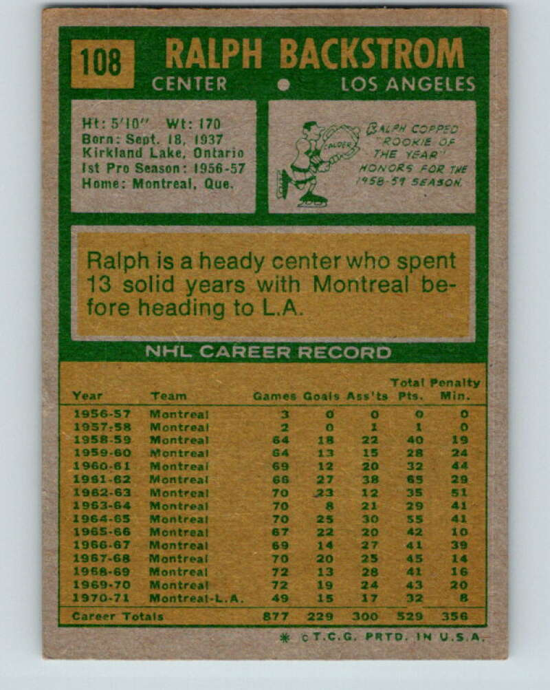 1971-72 Topps #108 Ralph Backstrom  Los Angeles Kings  V16539