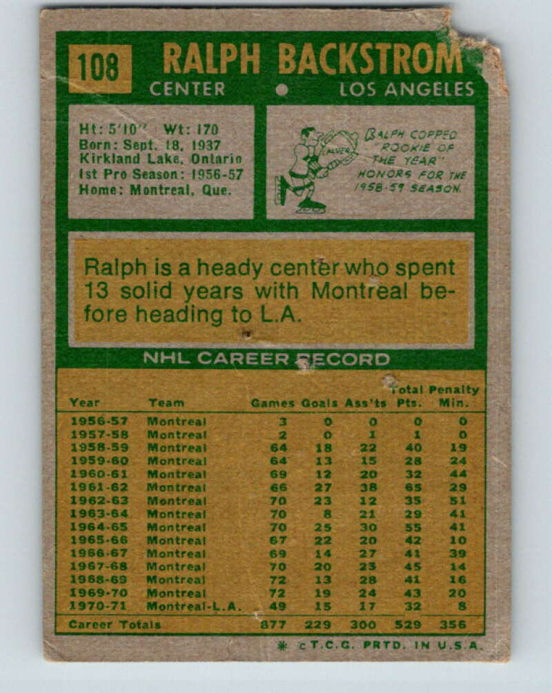 1971-72 Topps #108 Ralph Backstrom  Los Angeles Kings  V16540