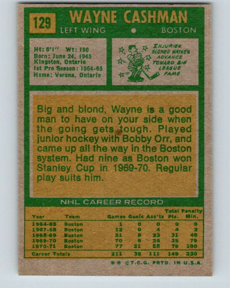 1971-72 Topps #129 Wayne Cashman  Boston Bruins  V16548
