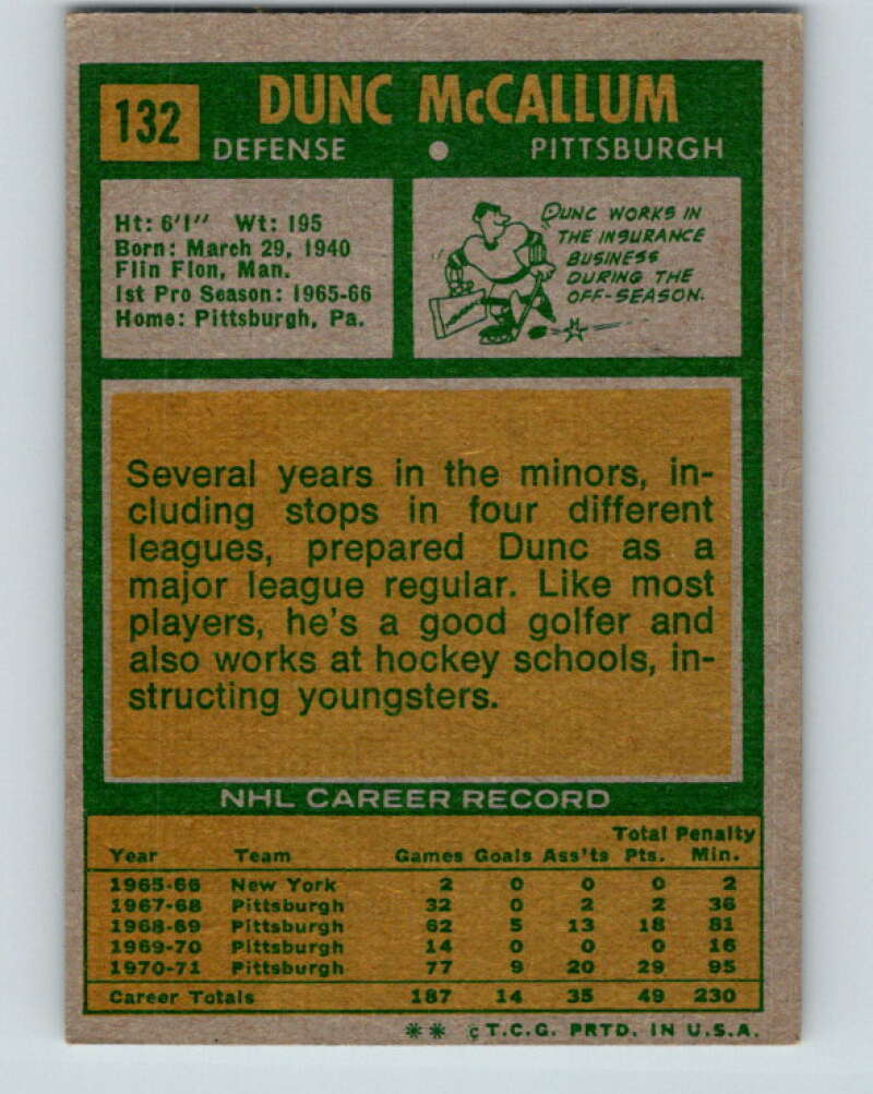 1971-72 Topps #132 Dunc McCallum  RC Rookie Pittsburgh  V16549