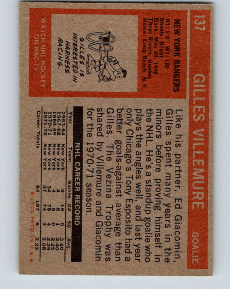 1972-73 Topps #137 Gilles Villemure  New York Rangers  V16593