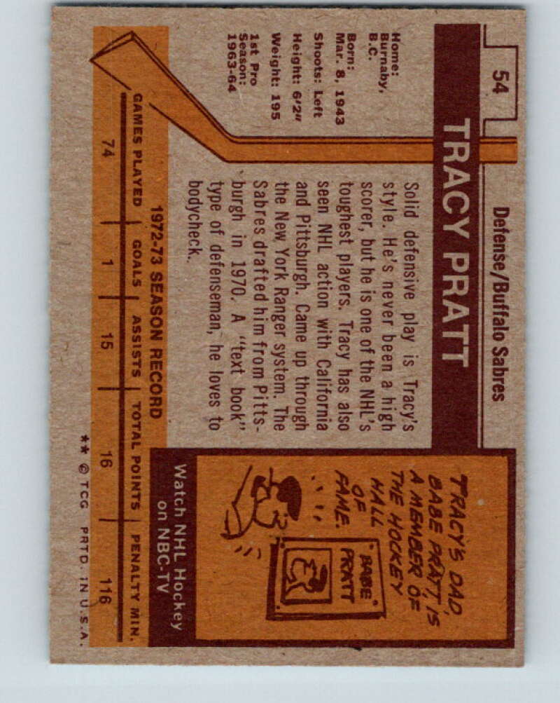 1973-74 Topps #54 Tracy Pratt  Buffalo Sabres  V16635