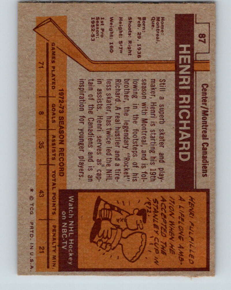 1973-74 Topps #87 Henri Richard  Montreal Canadiens  V16654
