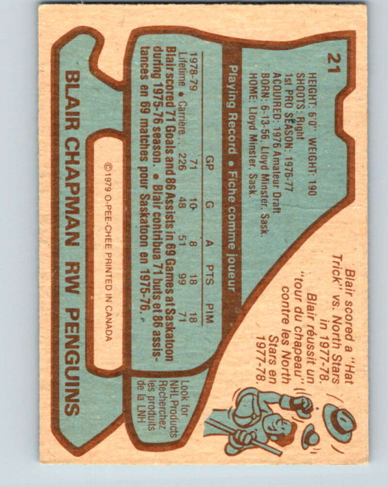 1979-80 O-Pee-Chee #21 Blair Chapman  Pittsburgh Penguins  V16929