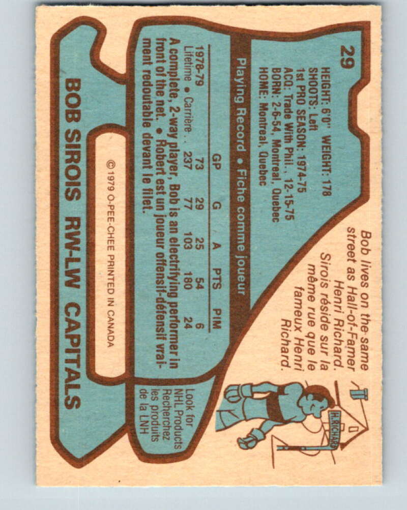 1979-80 O-Pee-Chee #29 Bob Sirois  Washington Capitals  V16989